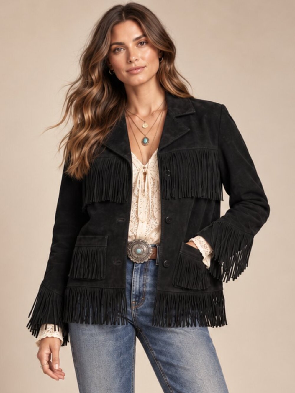 Stetson Fringe Suede Jacket Black Leather Western Cowgirl Size S